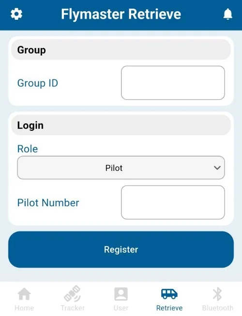 The Retrieve tab of the Flymaster Link app, showing a Group ID field, a Role selector set to Pilot, a Pilot Number field, and a Register button.